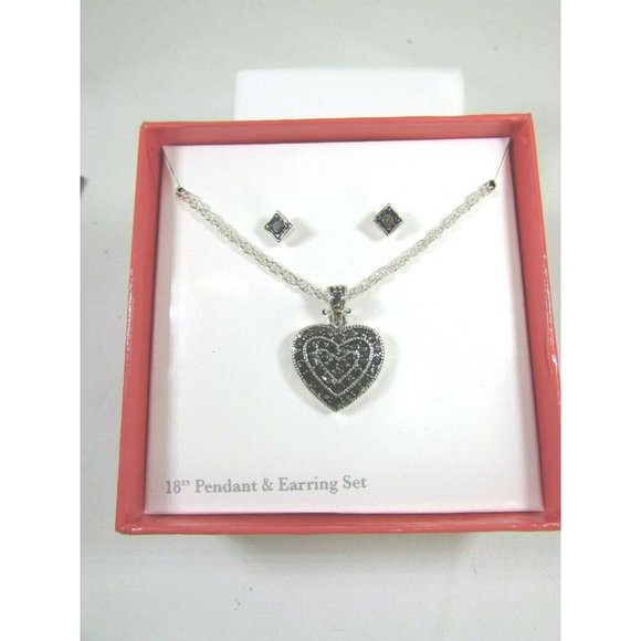 Vintage Faux Marcasite Heart Pendant Pierced Earrings Set 51771 - Picture 4 of 5